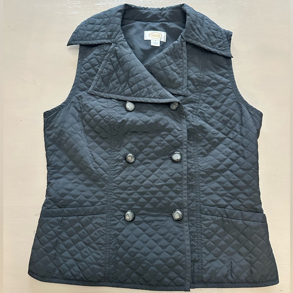Talbots Black Quilted Double Breasted Vest Size Small Classic Puffer Equestrian